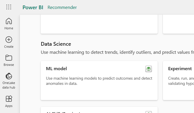 Screenshot of the Microsoft Fabric interface showing the steps to navigate to the Data Science section and create a new machine learning model named 'Recommender' for a movie recommendation system