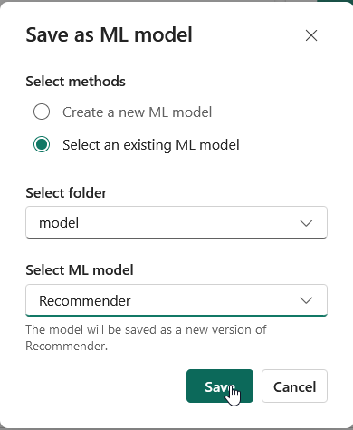 Screenshot of the Microsoft Fabric interface where the user is prompted to save the trained model by selecting 'Save run as ML model' from the newly created experiment.