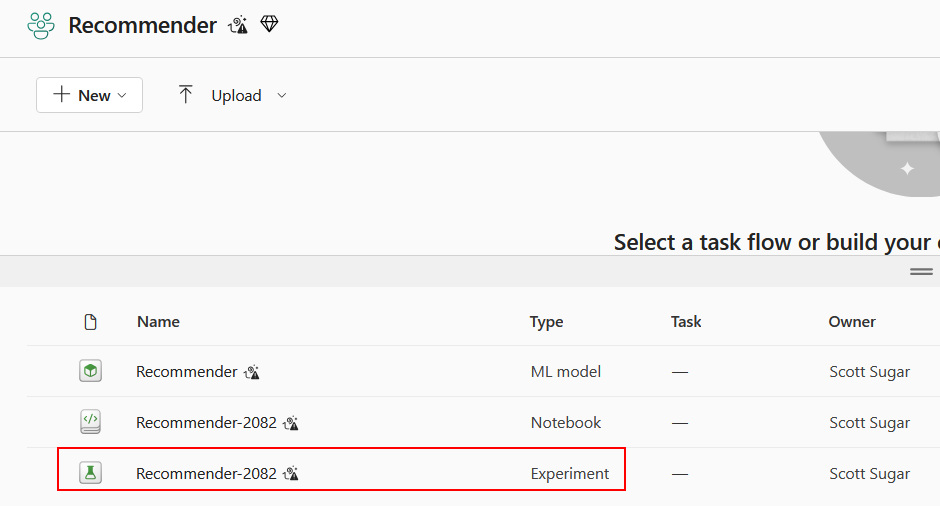 Screenshot showing the newly created experiment listed in the Microsoft Fabric workspace, confirming that the model training has been tracked.