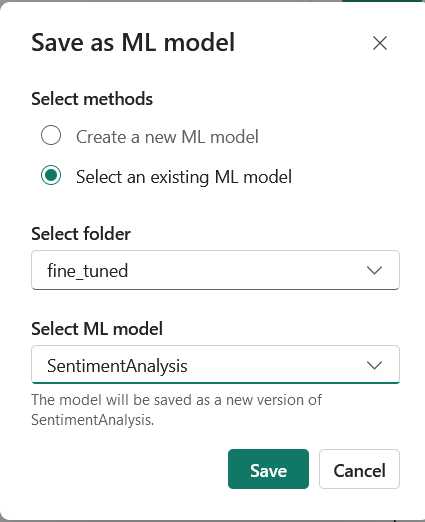 Interface in Microsoft Fabric for saving an experiment as a machine learning model, with options to select an existing model folder and name the model 'SentimentAnalysis.'