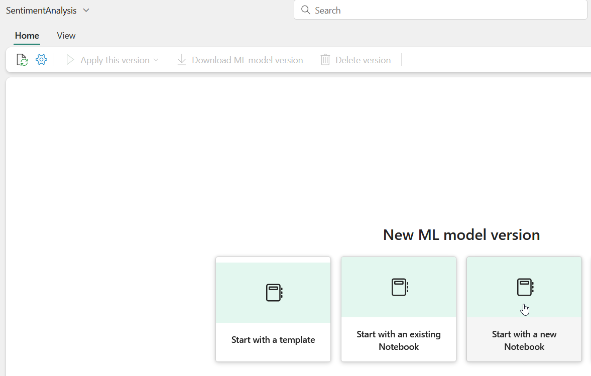 "Interface in Microsoft Fabric for creating a new machine learning model, offering options to start with a template, an existing notebook, or a new notebook.