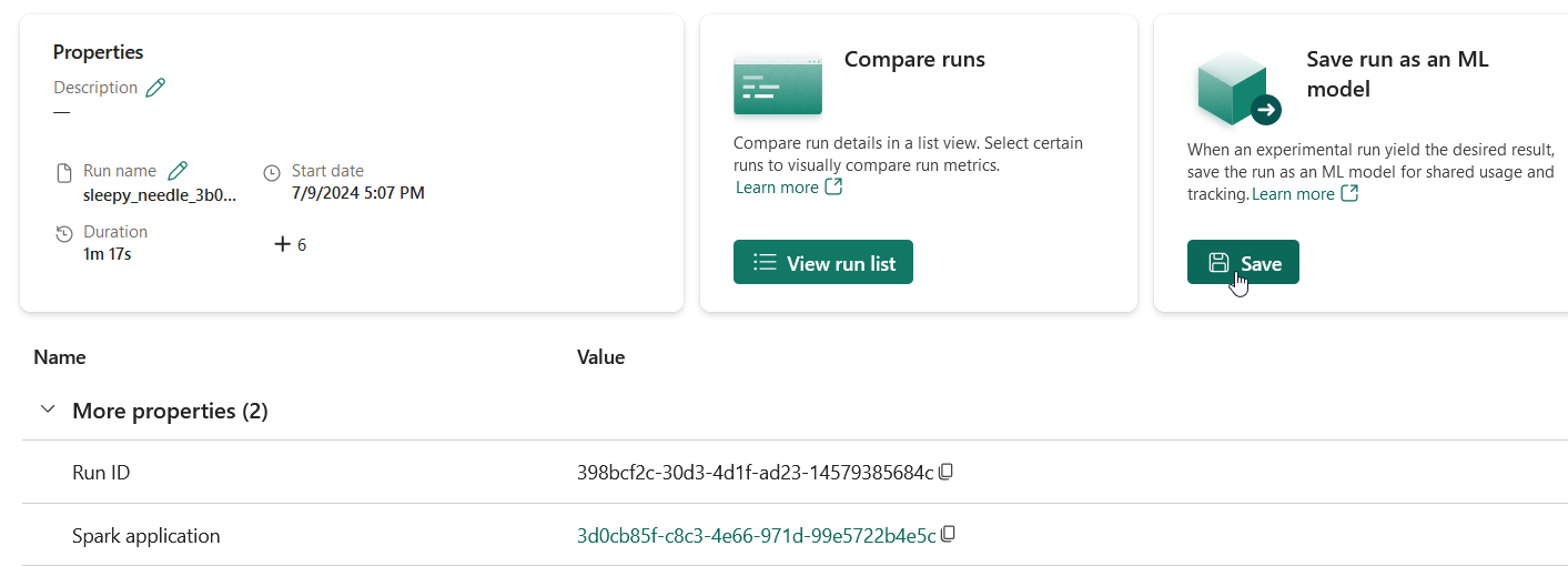 Microsoft Fabric experiment summary showing run properties, including the ability to compare runs, save as an ML model, and details such as run ID and duration.