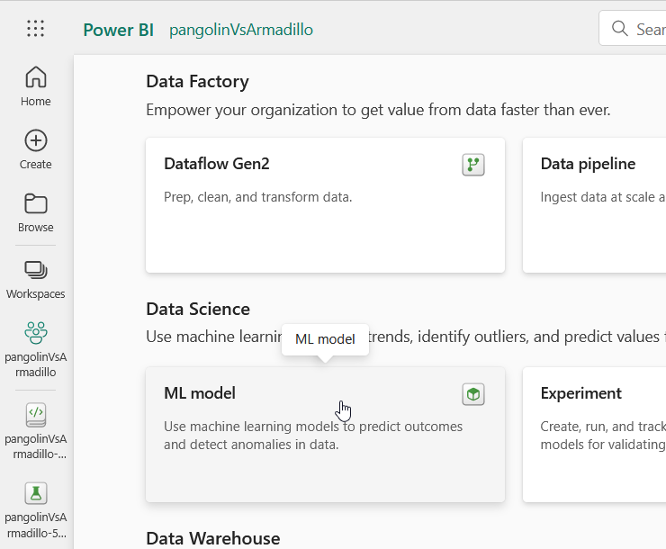 picture of creating a new ML model in the Data Science section of Microsoft Fabric.