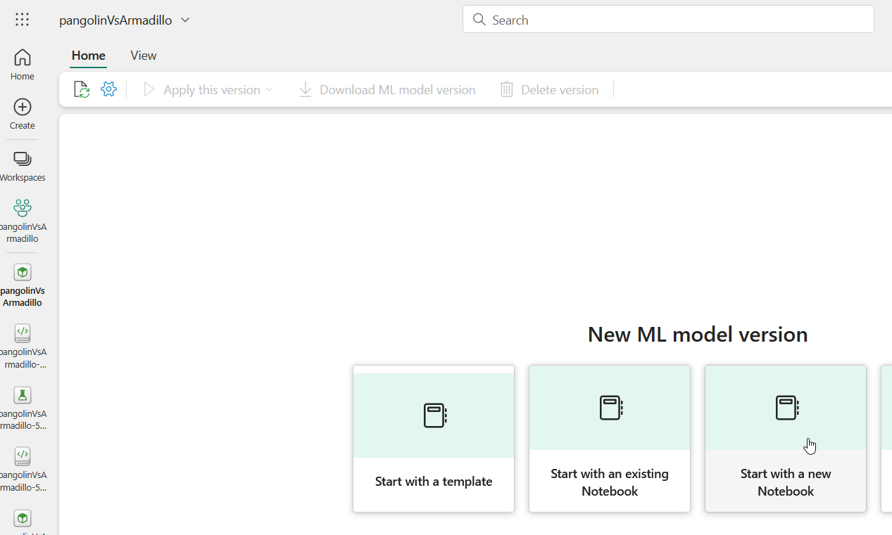 picture of creating a new ml model version by starting with a new notebook